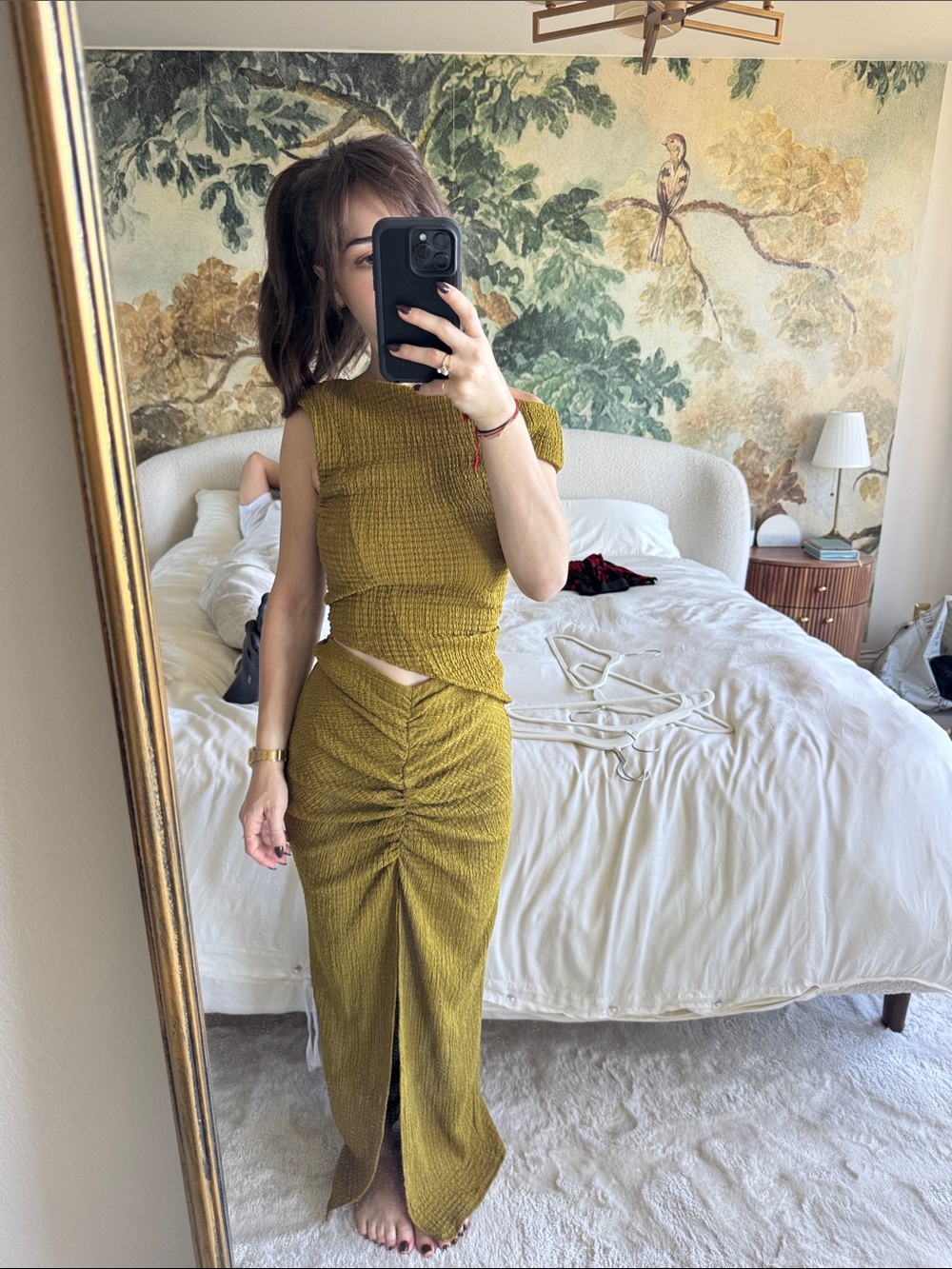 Zara Olive Green Ruched Maxi Skirt Set - Women's